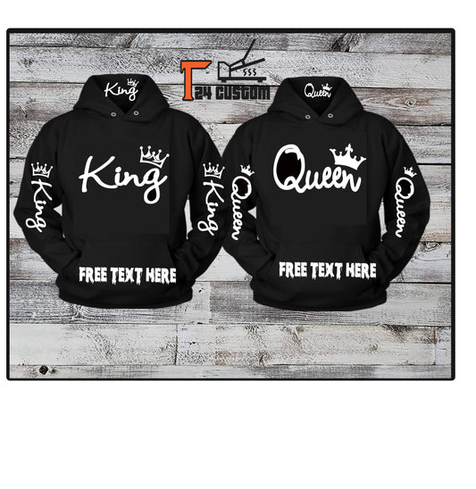 King AND Queen, Crown Designs, Hood Pull Over, Couples Matching, Valentine's, Christmas,w your name text on the back for free